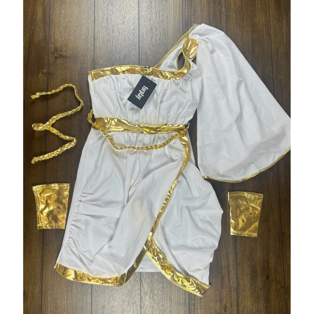 Forplay Greek Goddess Costume White Gold One Shoulder Dress Set S/M 551026 NEW - Picture 2 of 6